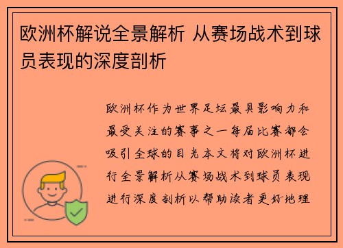 欧洲杯解说全景解析 从赛场战术到球员表现的深度剖析