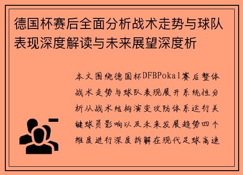 德国杯赛后全面分析战术走势与球队表现深度解读与未来展望深度析