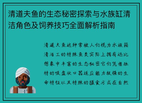 清道夫鱼的生态秘密探索与水族缸清洁角色及饲养技巧全面解析指南