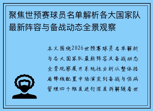 聚焦世预赛球员名单解析各大国家队最新阵容与备战动态全景观察
